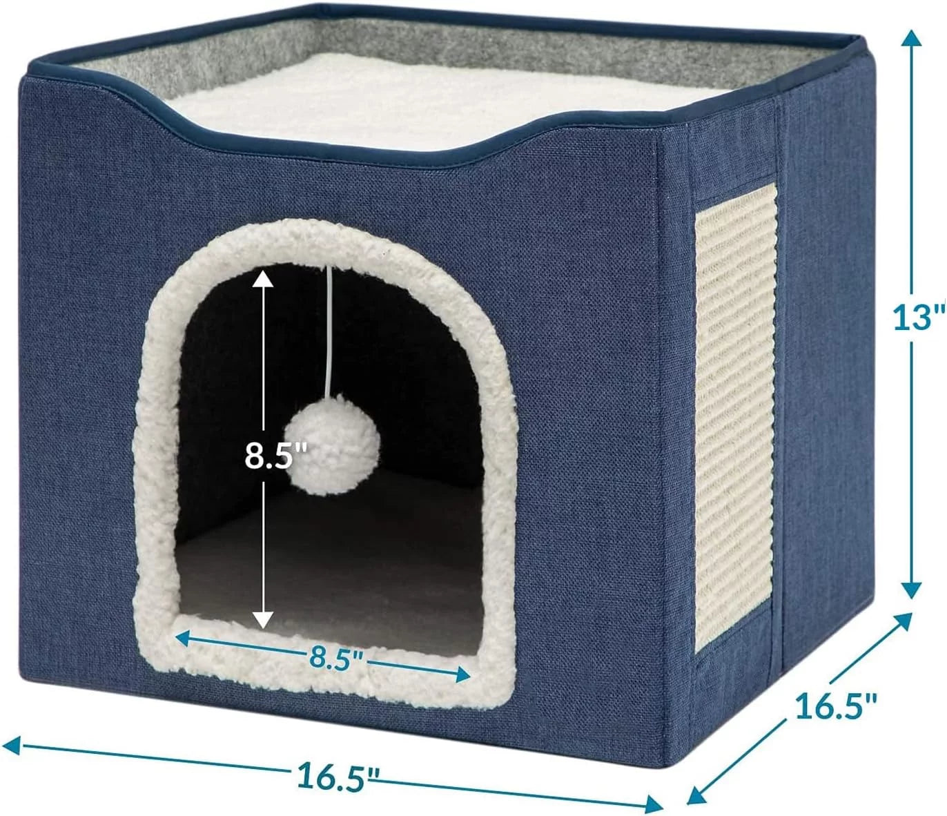 Cat Beds for Indoor Cats -Large Cat Cave for Pet Cat House with Fluffy Ball Hanging and Scratch Pad, Foldable Cat Hidewawy, Blue