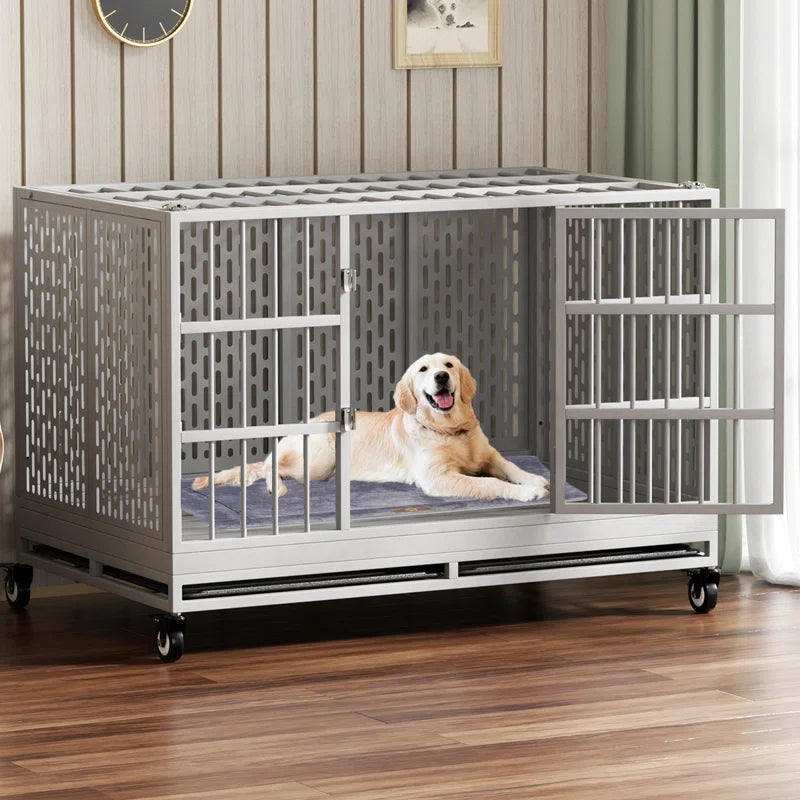 RERORD 48 Inch Heavy Duty Dog Crate with Wheels, Folding Metal Big Dog Cage Extra Large Dog Crate