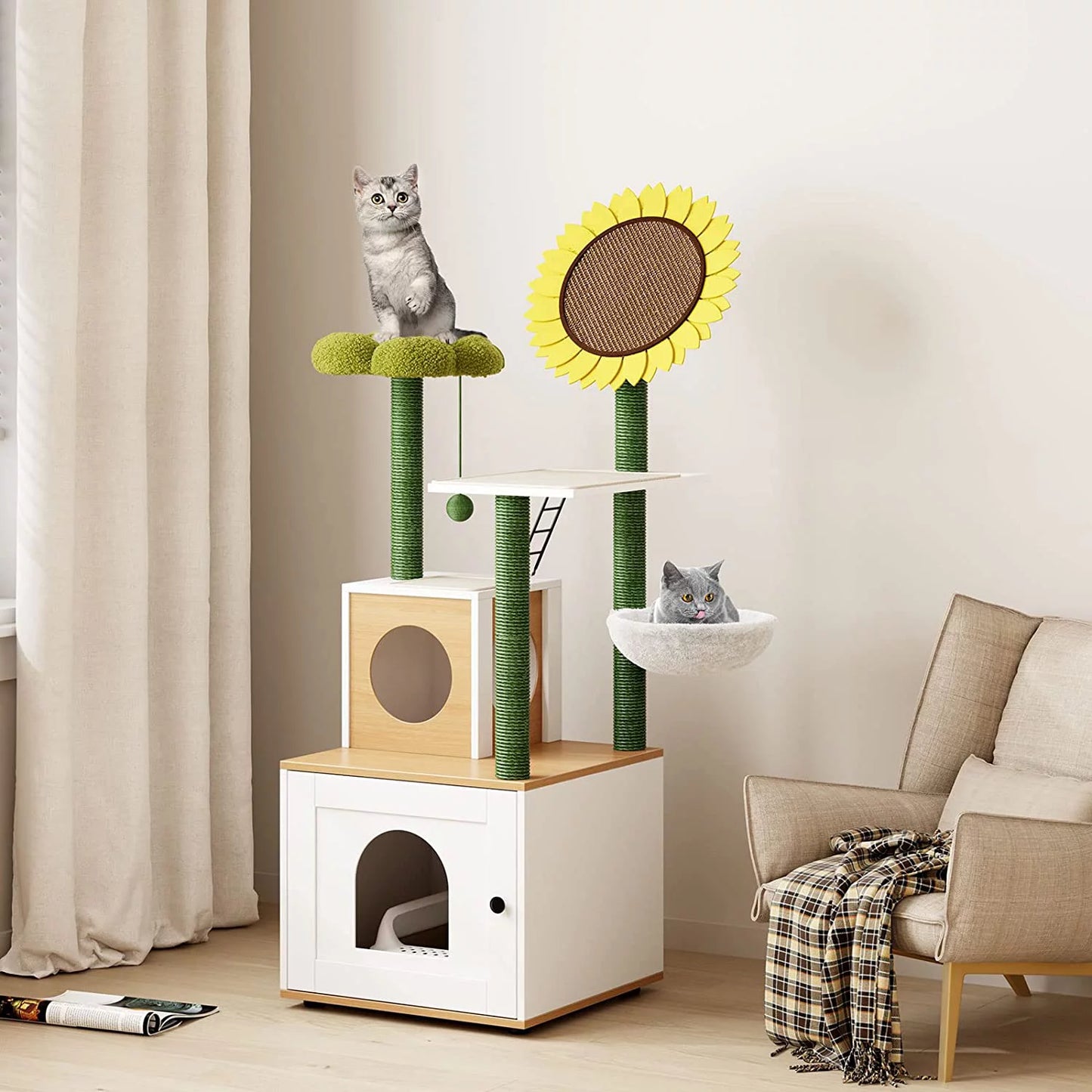 Multi-Functional Cat Cabinet with 4 Platforms, Reinforced Base, Heavy-Duty Sisal Scratching Posts, Detachable Carpet, and Interactive Ball - Cat Cabinet