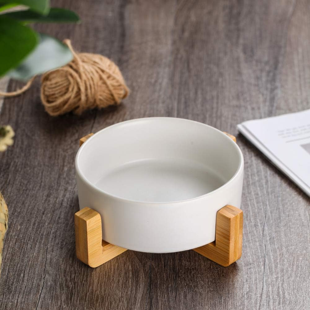 White Ceramic Cat Dog Bowl Dish with Wood Stand No Spill Pet Food Water Feeder Cats Small Dogs