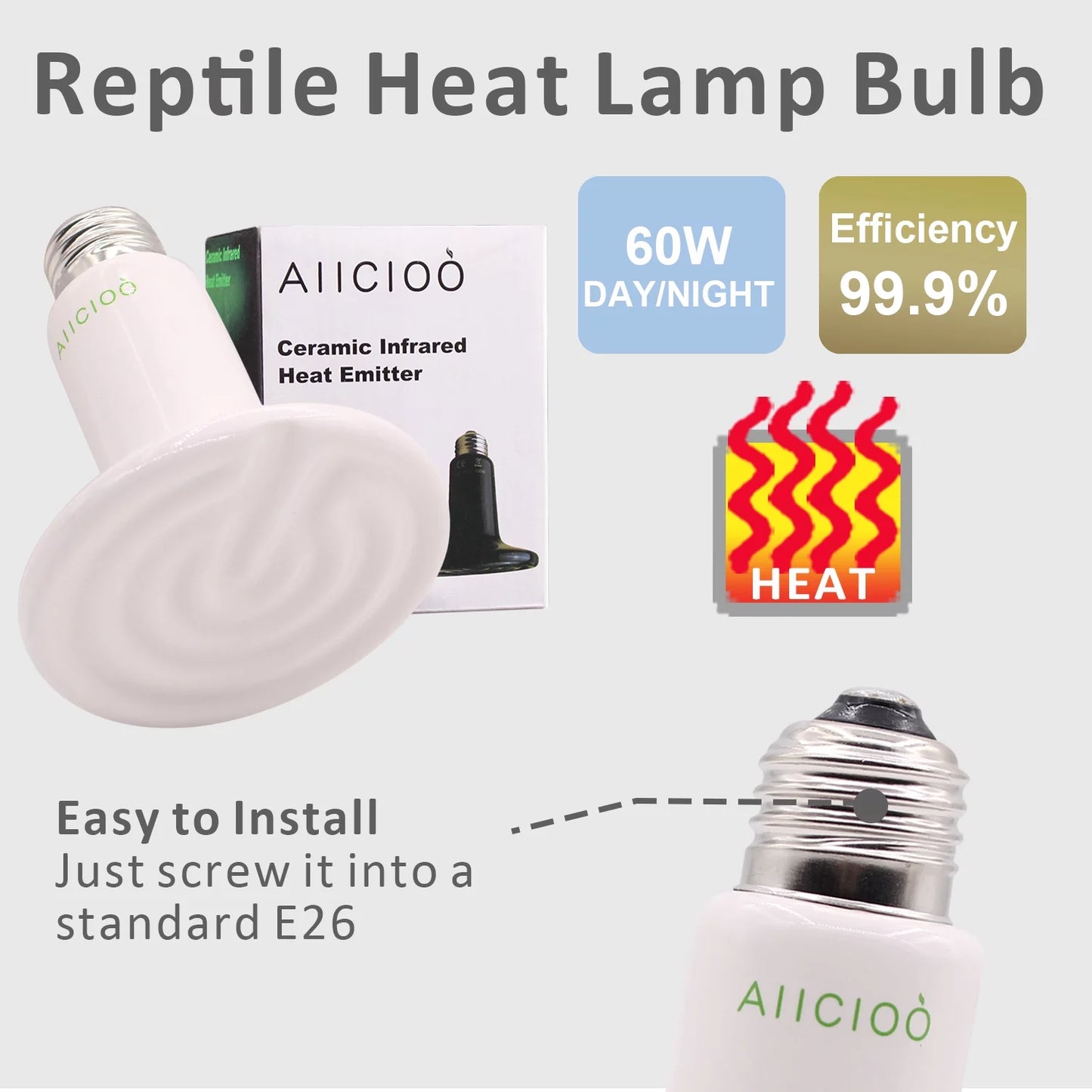 Reptile Heating Lamp Ceramic Heat Bulb Infrared Brooder Harmless Lightless Amphibian Reptile 60 Watts